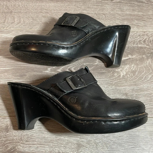Born Black Leather Buckle Heeled Clogs Mules 8 - Picture 9 of 15